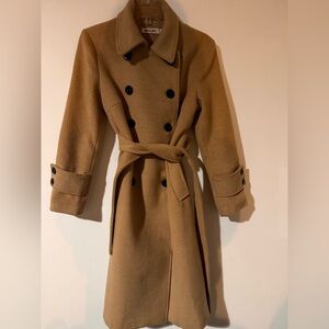 Camel Double-Breasted Trench Coat with Tie Belt